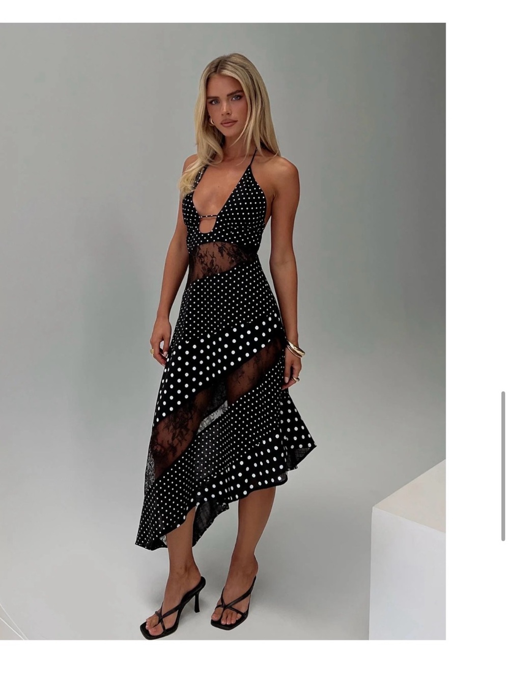 Princess Polly Black & White Polka Dot Asymmetrical Lace Midi Dress